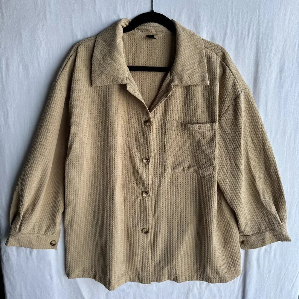 Oversized Beige Textured Button-Up Shirt With Chest Pocket